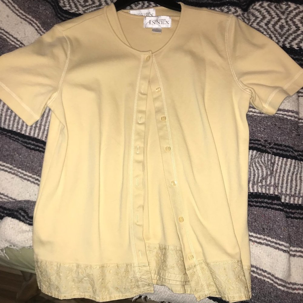 yellow embordered tank with cardigan